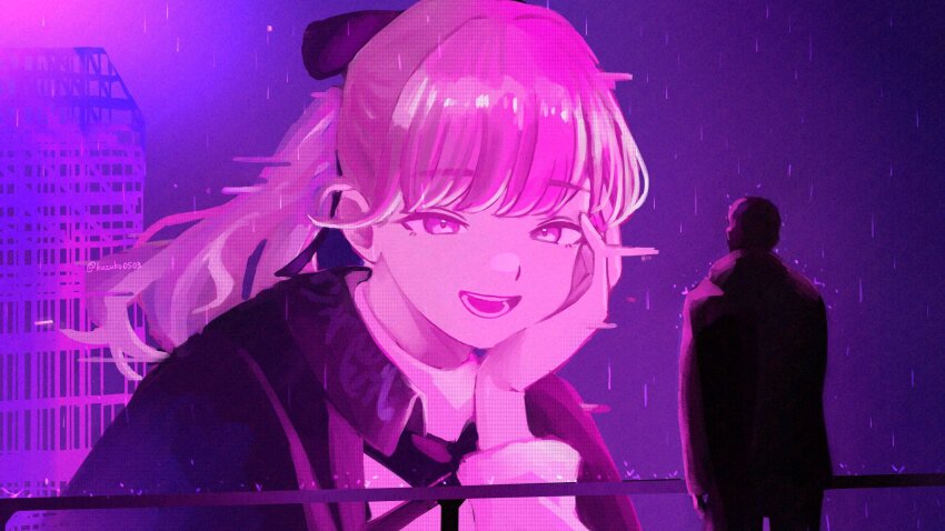 1boy 1girl blade_runner_2049 commentary english_commentary goslingposting_(meme) grey_hair hair_ribbon head_rest highres k_(blade_runner_2049) kuzuko0503 lapwing_(vrchat) long_hair meme neon_lights open_mouth ponytail purple_eyes purple_light ribbon ryan_gosling sweater teeth turtleneck turtleneck_sweater vrchat you_look_lonely_(meme)