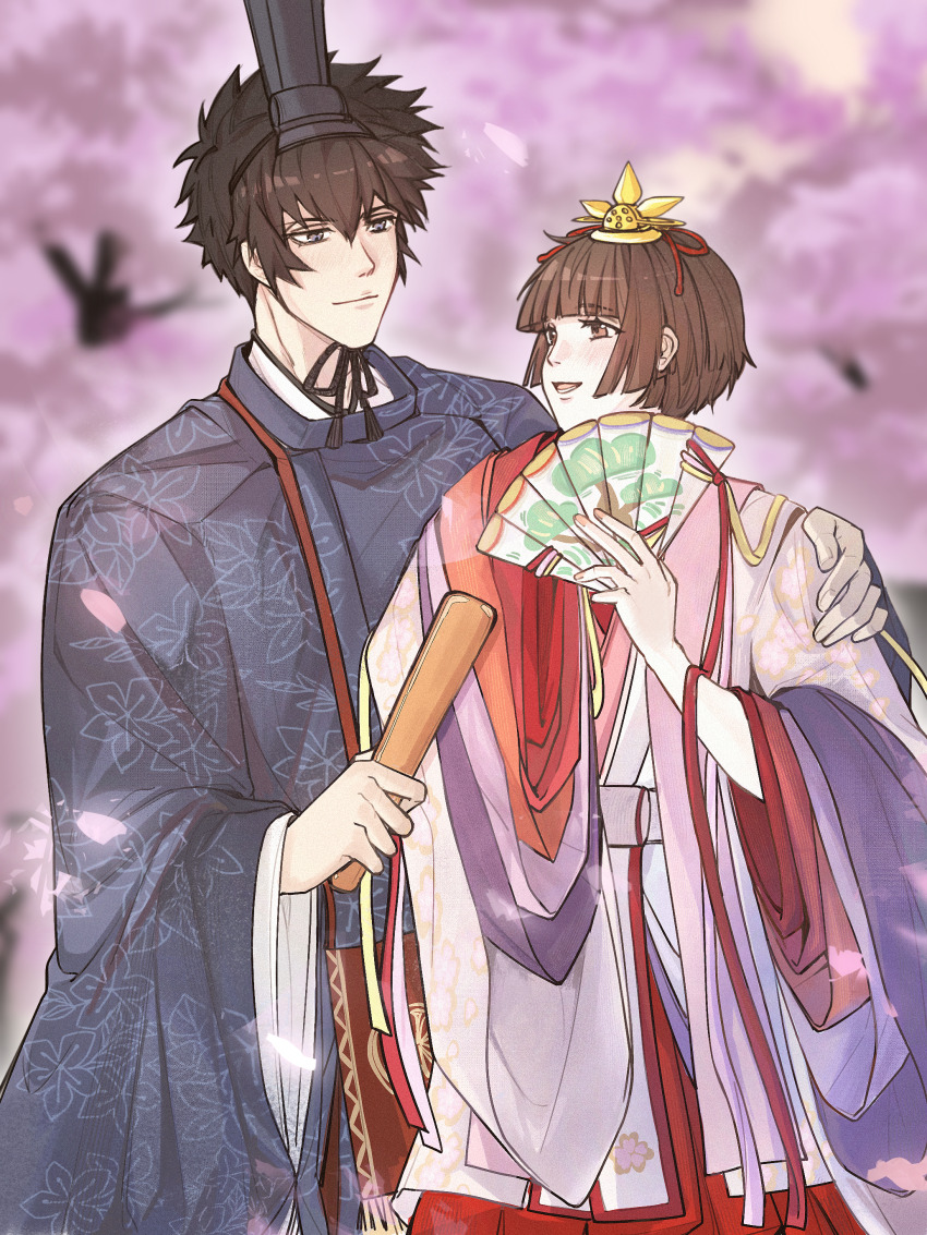 1boy 1girl absurdres black_hair black_kimono blue_eyes blurry blurry_background blush brown_hair cherry_blossoms closed_mouth commentary_request couple falling_petals floral_print floral_print_kimono folded_fan folding_fan grey_eyes hair_between_eyes hand_fan hand_on_another&#039;s_arm hetero highres holding holding_fan japanese_clothes kimono korella kougami_shin&#039;ya light_blush light_smile looking_at_another open_mouth petals print_kimono psycho-pass short_hair smile tsunemori_akane