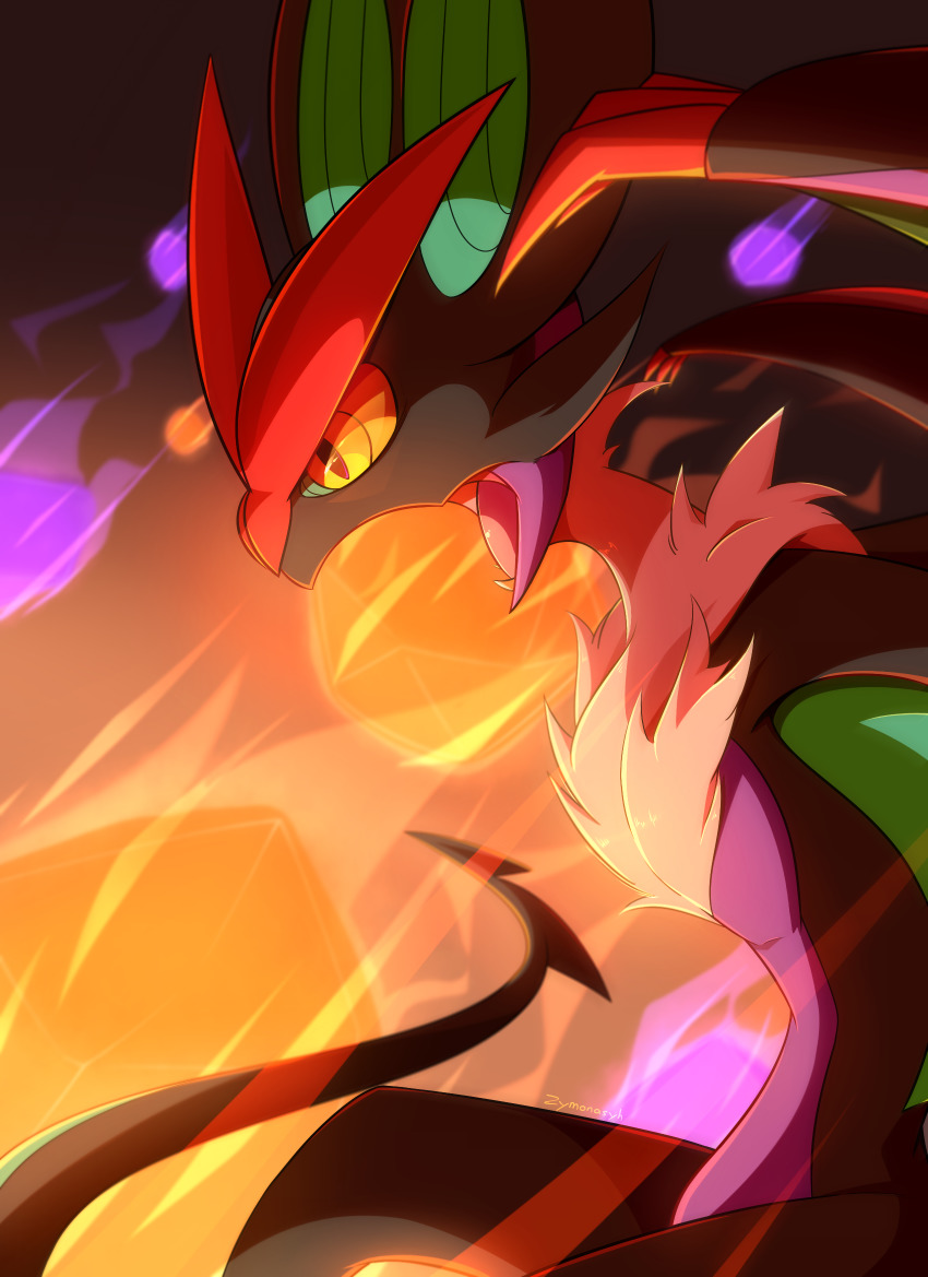 beige_fur blurry commentary draco_meteor_(pokemon) fangs from_side gen_6_pokemon highres looking_down nintendo noivern open_mouth pokemon pokemon_(creature) yellow_eyes zymonasyh