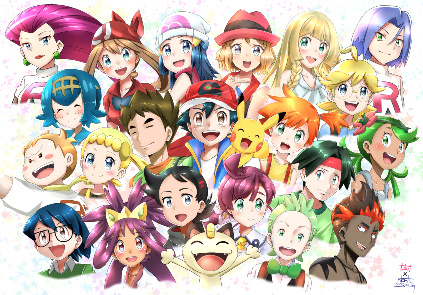 6+boys 6+girls :d =_= ahoge arms_up ash_ketchum bandana baseball_cap beanie black_hair blonde_hair blue_eyes blue_hair blue_vest blush blush_stickers bonnie_(pokemon) bow bowtie brock_(pokemon) brown_eyes brown_hair brown_shirt chloe_(pokemon) cilan_(pokemon) clemont_(pokemon) closed_eyes closed_mouth coin collared_shirt commentary_request creatures_(company) dark-skinned_female dark-skinned_male dark_skin dated dawn_(pokemon) dot_nose earrings eyelashes fangs flower game_freak gen_1_pokemon glasses goh_(pokemon) gold green_bow green_bowtie green_eyes green_hair green_shirt green_vest hair_flower hair_ornament hat headband highres iris_(pokemon) james_(pokemon) jessie_(pokemon) jewelry kiawe_(pokemon) koban_(gold) lana_(pokemon) lillie_(pokemon) long_hair mallow_(pokemon) max_(pokemon) may_(pokemon) medium_hair meowth misty_(pokemon) multicolored_hair multiple_boys multiple_girls nakura_haru nintendo official_alternate_costume on_shoulder open_mouth orange_hair orange_shirt pikachu pink_flower pink_hair pink_hat pink_lips pink_scarf pokemon pokemon_(anime) pokemon_(classic_anime) pokemon_(creature) pokemon_bw_(anime) pokemon_dppt_(anime) pokemon_journeys pokemon_on_shoulder pokemon_rse_(anime) pokemon_sm_(anime) pokemon_xy_(anime) purple_eyes purple_hair red_bandana red_hair red_hat red_headband red_shirt round_eyewear scarf serena_(pokemon) shirt short_hair side_ponytail sleeveless sleeveless_shirt smile sophocles_(pokemon) spiked_hair suspenders team_rocket team_rocket_uniform teeth tiara tracey_sketchit twintails two-tone_hair upper_teeth_only vest white_hat white_shirt yellow_shirt