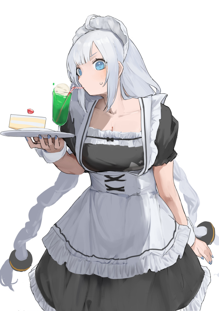 1girl ahoge alternate_costume apron arm_at_side black_dress blue_eyes braid breasts cake cake_slice cleavage cowboy_shot dress drinking drinking_straw enmaided food grey_hair hair_tubes highres holding holding_tray ice_cream ice_cream_float kizuna_akari long_hair looking_at_viewer maid maid_apron maid_headdress medium_breasts pocche-ex short_sleeves sidelocks simple_background solo standing sweatdrop tray twin_braids very_long_hair voiceroid white_background wrist_cuffs