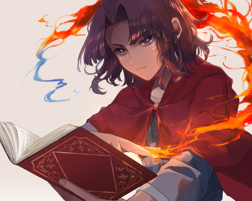 blue_fire blue_shirt book cape erk_(fire_emblem) fire fire_emblem fire_emblem:_the_blazing_blade kabitakamaboko long_hair looking_at_viewer male_focus nintendo purple_eyes purple_hair red_cape shirt solo