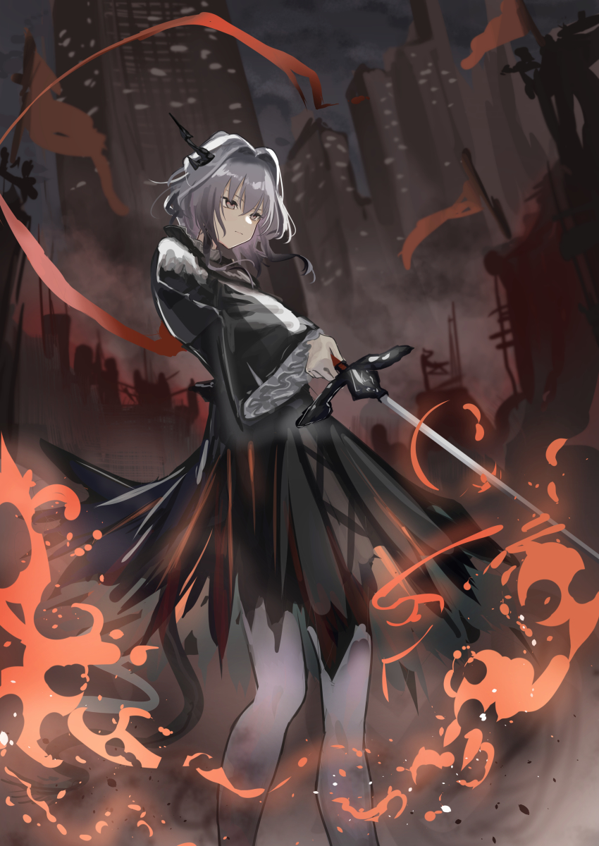 1girl absurdres arknights arm_ribbon black_dress black_sky building dragon_girl dragon_horns dress feet_out_of_frame fire frilled_sleeves frills grey_eyes grey_hair hair_between_eyes hair_intakes highres holding holding_sword holding_weapon horns long_sleeves natsuba002 night night_sky orange_ribbon outdoors ribbon short_hair sky skyscraper solo standing sword talulah_(arknights) weapon