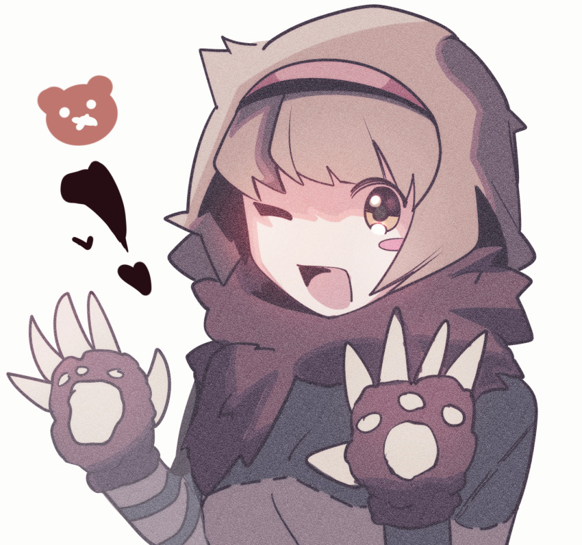 1girl animal_hands brown_hair brown_scarf claws e.g.o_(project_moon) hairband happy_teddy_bear highres library_of_ruina looking_at_viewer madotsuki_ren malkuth_(project_moon) open_mouth project_moon red_hairband scarf short_hair simple_background smile solo the_forgotten_(e.g.o) upper_body white_background