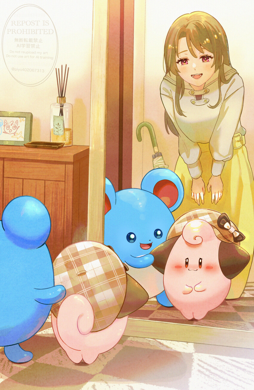 1girl :d absurdres beret blush brown_eyes brown_hair cleffa closed_mouth commentary_request gen_2_pokemon hat highres indoors leaning_forward long_hair long_sleeves looking_down marill mirror nintendo open_mouth piyokonoenikki_04 pokemon pokemon_(creature) reflection shirt sidelocks skirt smile standing teeth tongue umbrella watermark yellow_skirt