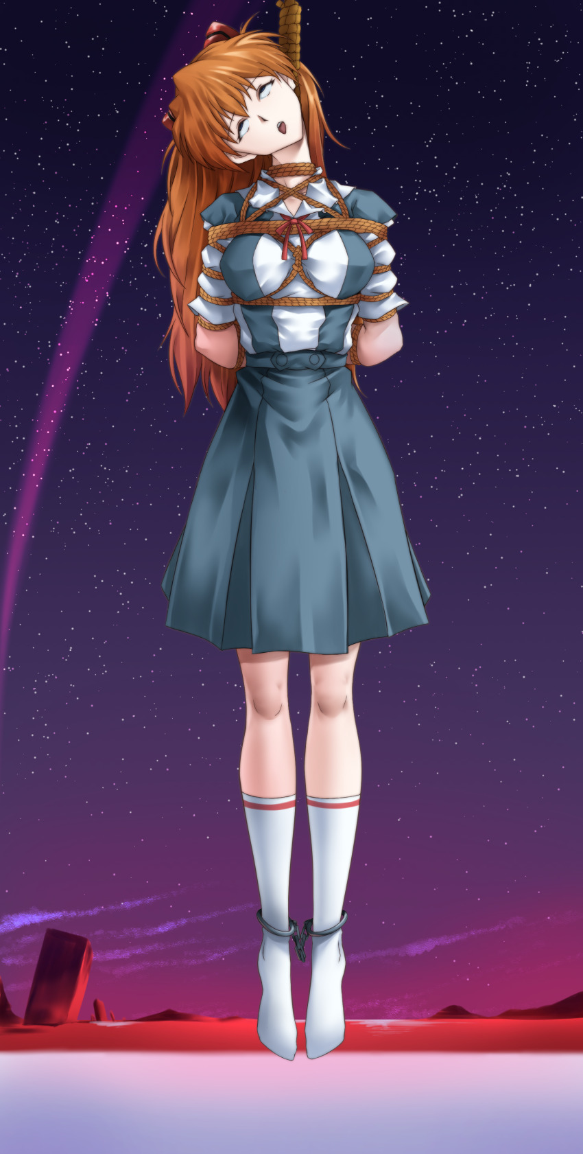 1girl absurdres arms_behind_back artist_request asphyxiation blue_eyes breasts breasts_squeezed_together brown_hair full_body hair_ornament highres interface_headset_(evangelion) long_hair neon_genesis_evangelion outdoors pain restrained rolling_eyes shibari shirt simple_background skin_tight skirt sky socks solo souryuu_asuka_langley suspender_skirt suspenders the_end_of_evangelion tongue tongue_out torture two_side_up very_long_hair white_shirt white_socks wide_hips