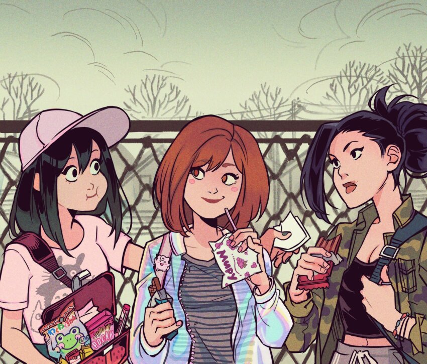 3girls asui_tsuyu bag black_hair blush_stickers boku_no_hero_academia chibi_totoro chocolate commentary crop_top english_commentary eye_contact food gabriel_picolo highres holding jacket light_brown_hair looking_at_another medium_hair multiple_girls open_mouth pocky ponytail shirt short_hair shoulder_bag single_sidelock smile t-shirt totoro upper_body uraraka_ochako yaoyorozu_momo