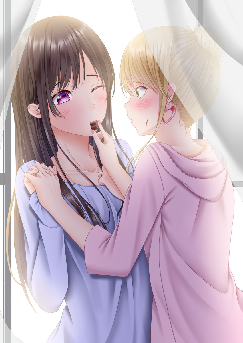 2girls aihara_mei aihara_yuzu aqua_shirt black_hair blonde_hair blush candy chocolate chocolate_heart citrus_(saburouta) collarbone commentary_request curtains earrings feeding food green_eyes hair_bun hair_up hand_on_own_chest heart heart_earrings highres holding holding_chocolate holding_food holding_hands hood hoodie inseki jewelry lino_(lilyparty07) long_hair looking_down multiple_girls nail_polish one_eye_closed parted_lips pink_hoodie pink_nails purple_eyes ring shirt siblings single_hair_bun sisters step-siblings sweatdrop wife_and_wife yuri