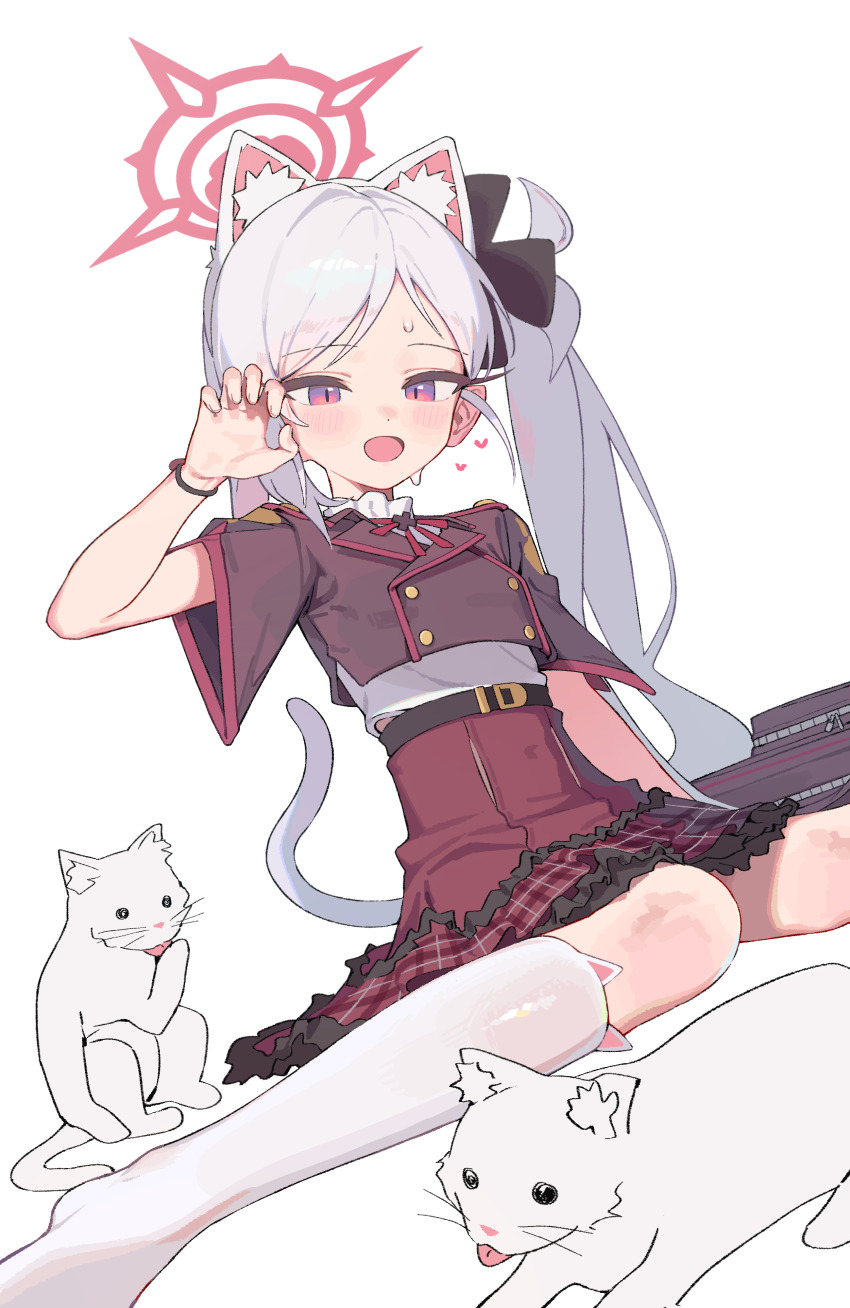 1girl absurdres animal_ear_fluff animal_ears belt black_jacket blue_archive blush buttons cat cat_ears cat_girl cat_tail changmi commentary_request cropped_jacket cropped_shirt double-breasted dutch_angle frilled_skirt frills halo hand_up high-waist_skirt highres jacket kemonomimi_mode korean_commentary long_hair mutsuki_(blue_archive) no_shoes paw_pose plaid_clothes plaid_skirt red_eyes red_halo red_skirt shirt short_sleeves side_ponytail simple_background sitting skirt solo sweatdrop tail thighhighs wariza white_background white_cat white_hair white_shirt white_thighhighs