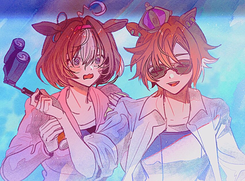 2girls ahoge animal_ears blush breasts brown_hair can closed_eyes collared_shirt crown ear_piercing hairband highres holding holding_can horse_ears looking_at_another meisho_doto_(umamusume) mini_crown multiple_girls open_clothes open_mouth open_shirt opera_glasses orange_hair piercing sanya_(hwanmul) school_swimsuit shirt short_hair small_breasts smile sunglasses swimsuit swimsuit_under_clothes t.m._opera_o_(umamusume) umamusume umamusume:_road_to_the_top wavy_mouth white_shirt