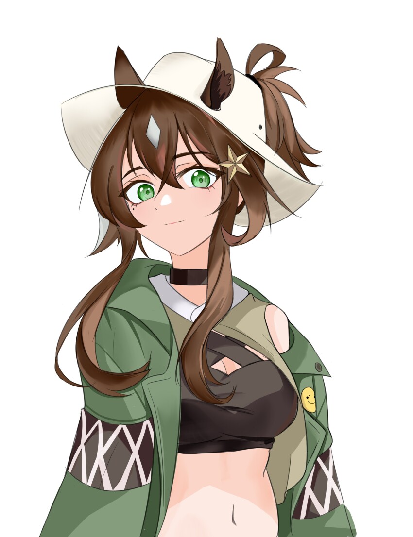 1girl absurdres animal_ears arknights black_choker breasts brown_hair choker cleavage closed_mouth commentary crop_top crossed_bangs dio_ren_bi_li ears_through_headwear emoji green_eyes green_jacket hair_between_eyes hair_ornament hat highres jacket light_smile long_hair looking_at_viewer medium_breasts meteor_(arknights) meteor_(bard&#039;s_holiday)_(arknights) midriff mole mole_under_eye navel official_alternate_costume open_clothes open_jacket sidelocks simple_background solo star_(symbol) star_hair_ornament symbol-only_commentary upper_body white_background white_hat