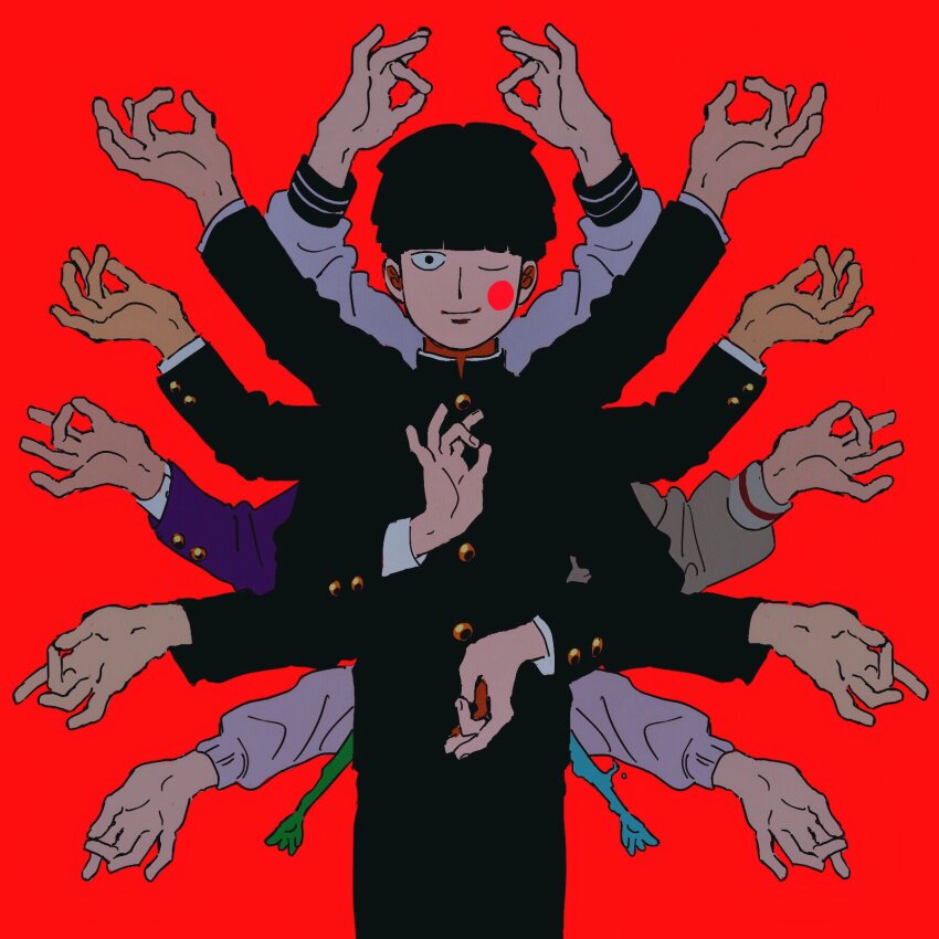 1boy ;) arms_up black_hair black_jacket blazer blush_stickers bowl_cut ekubo_(mob_psycho_100) extra_arms gakuran hanazawa_teruki highres jacket kageyama_ritsu kageyama_shigeo light_smile long_sleeves male_focus mob_psycho_100 mudra one_eye_closed red_background reigen_arataka school_uniform short_hair simple_background smile solo_focus split_theme surrounded_by_hands sweater umkaqryi