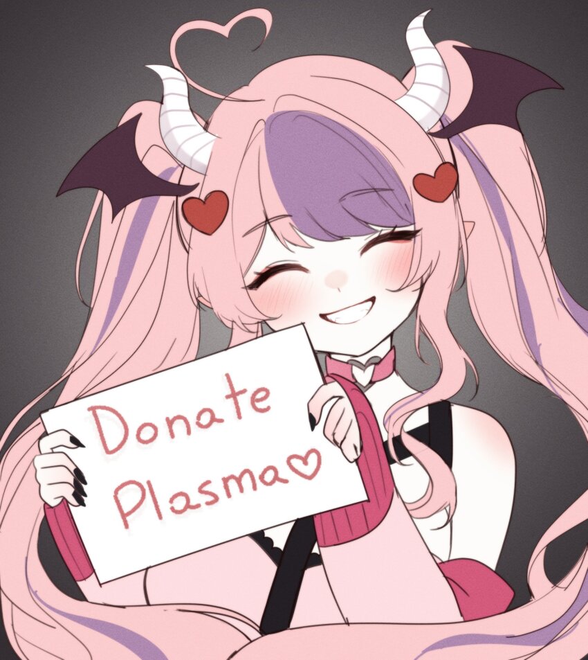 1girl ahoge bare_shoulders black_nails blush choker closed_eyes commentary english_commentary fingernails grin heart heart_ahoge heart_choker heart_o-ring highres holding holding_sign indie_virtual_youtuber ironmouse long_hair long_sleeves multicolored_hair nail_polish o-ring o-ring_choker pink_choker pink_hair purple_hair sign sky_above_me smile solo twintails two-tone_hair virtual_youtuber
