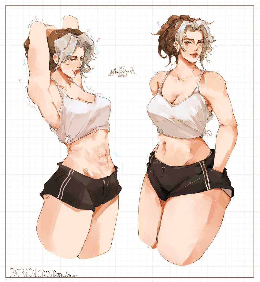 abs armpits arms_behind_head arms_up black_shorts bon_drawr breasts brown_hair casual colored_bangs crop_top hands_in_pockets highres marvel multicolored_hair muscular muscular_female rogue_(x-men) shirt short_shorts shorts smile stretching tank_top tied_shirt two-tone_hair x-men