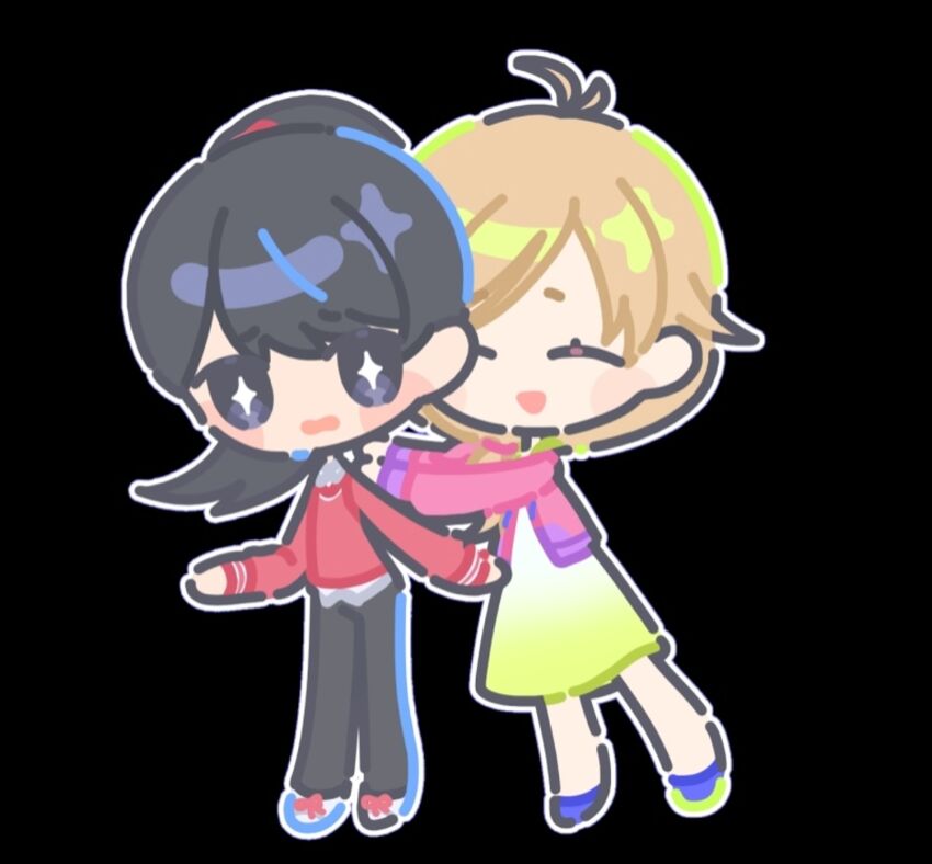 2girls black_hair blonde_hair digimon digimon_survive highres kimishima_saki multiple_girls shibuya_aoi smile