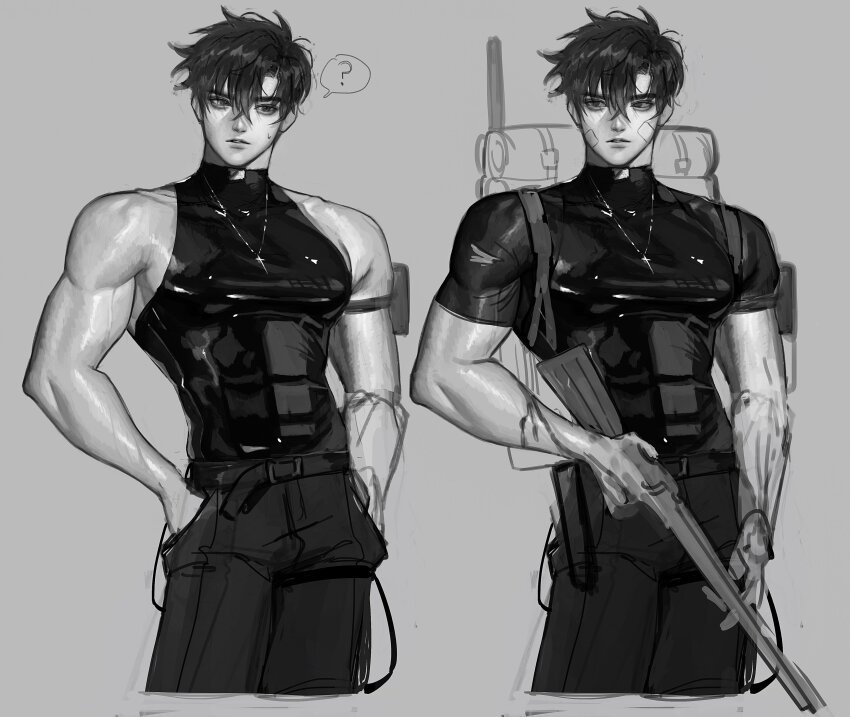 1boy ? abs absurdres alternate_costume assault_rifle backpack bag bandaid bandaid_on_face black_hair black_shirt cross cross_necklace crossed_bangs double-parted_bangs greyscale gun hair_between_eyes hands_in_pockets head_tilt highres holding holding_gun holding_weapon jewelry male_focus meltoring monochrome muscular muscular_male necklace original rifle shirt short_hair sleeveless sleeveless_shirt solo spoken_question_mark t-shirt weapon