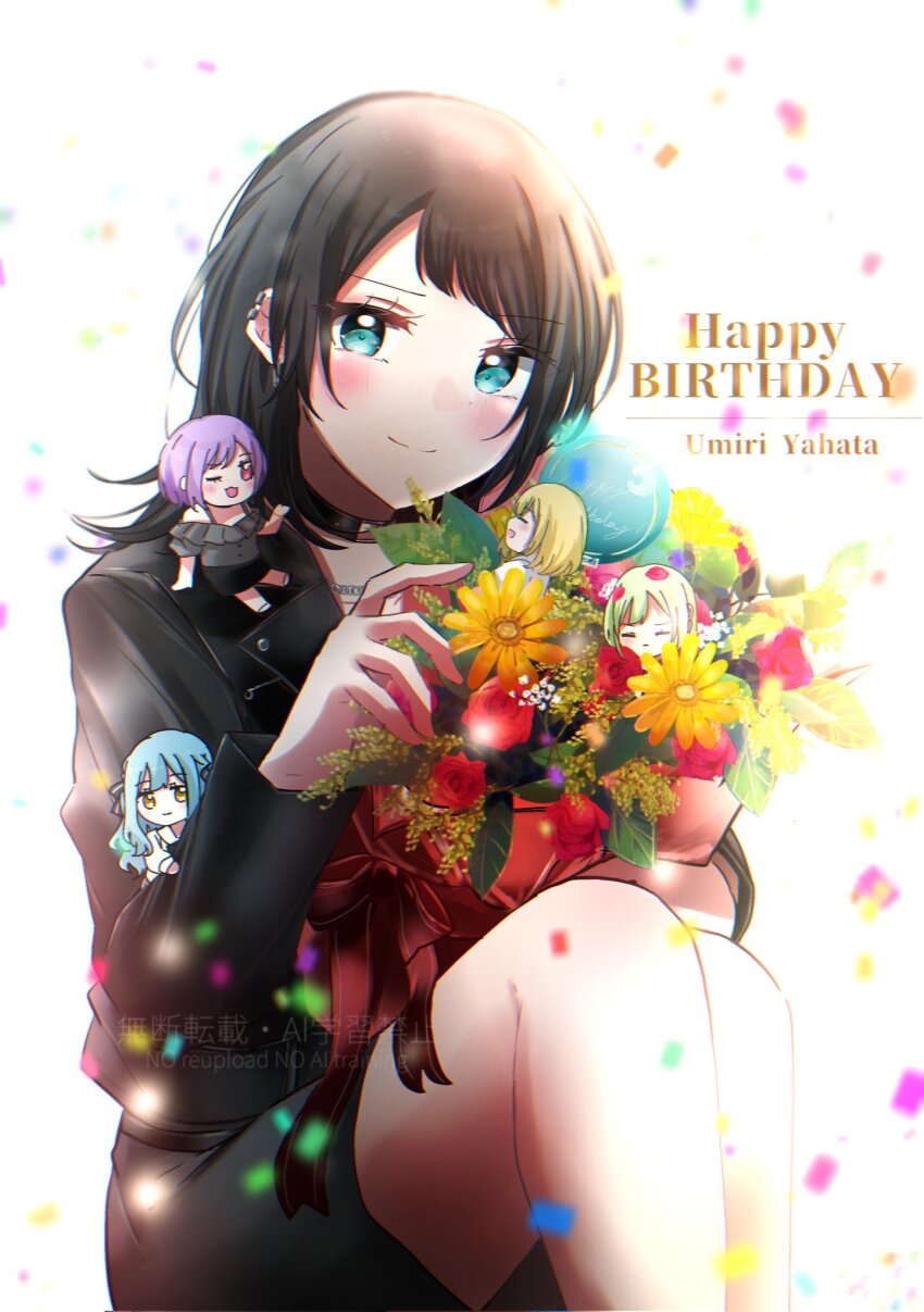 5girls :3 asahi_rise ave_mujica_(bang_dream!) bang_dream! bang_dream!_it&#039;s_mygo!!!!! black_choker black_jacket black_ribbon blonde_hair blue_eyes blue_hair bouquet choker closed_eyes commentary_request confetti earclip earrings flower frilled_sleeves frills green_hair grey_shirt grey_skirt hair_ribbon happy_birthday highres jacket jewelry looking_at_viewer medium_hair mini_person misumi_uika multiple_girls o-ring o-ring_choker off-shoulder_shirt off_shoulder one_eye_closed open_mouth pink_eyes purple_hair ribbon shirt skirt togawa_sakiko wakaba_mutsumi yahata_umiri yuutenji_nyamu