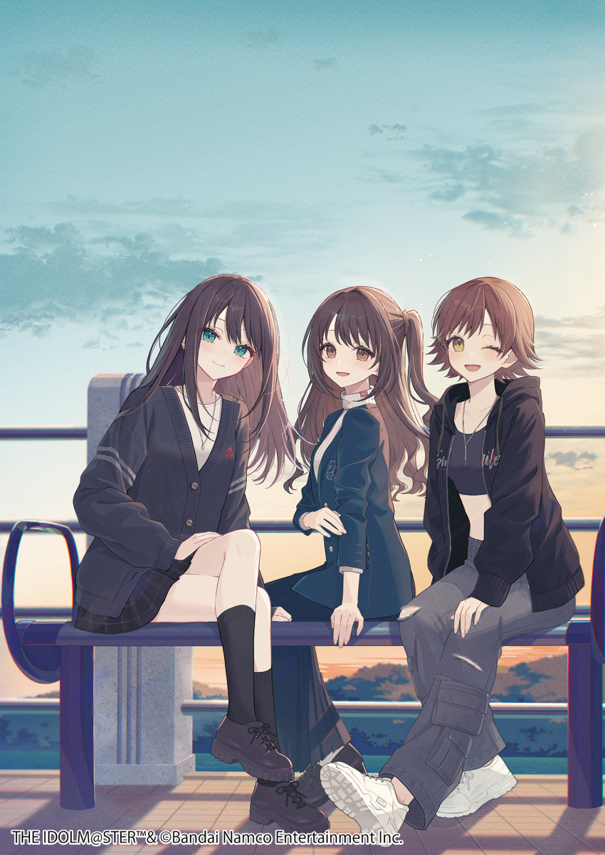 3girls akakura black_hair brown_eyes brown_hair cardigan crop_top fragments_of_the_idolmaster_cinderella_girls green_eyes highres honda_mio idolmaster idolmaster_cinderella_girls jacket long_hair looking_at_viewer multiple_girls new_generations_(idolmaster) official_art one_eye_closed one_side_up open_clothes open_jacket open_mouth shibuya_rin shimamura_uzuki shoes short_hair sitting skirt sky smile sneakers sunlight sweater turtleneck turtleneck_sweater