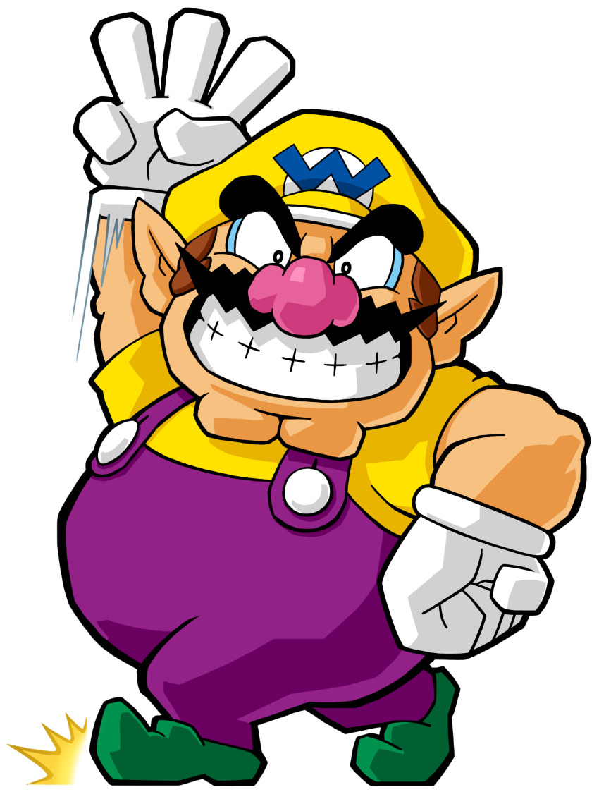 1boy absurdres arm_up big_nose cleft_chin facial_hair gloves green_footwear grin hat highres looking_at_viewer mustache nintendo official_art overalls pointy_ears purple_overalls shirt smile third-party_source wario wario_land wario_land:_shake_it! white_gloves yellow_hat yellow_shirt