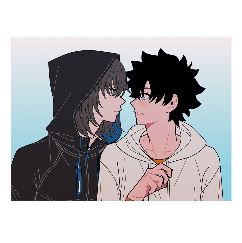 2boys black_hair black_jacket blue_background blue_eyes blush border closed_mouth collarbone drawstring fate/grand_order fate_(series) fujimaru_ritsuka_(male) fujimaru_ritsuka_(male)_(summer_street) gradient_background grey_hair highres hood hood_down hood_up hooded_jacket hoodie implied_yaoi jacket looking_at_another male_focus multiple_boys oberon_(fate) oberon_(moody_summer_oberon)_(fate) oberon_(third_ascension)_(fate) orange_shirt parted_lips shirt simple_background two-tone_background ujiharu white_border white_hoodie zipper_pull_tab