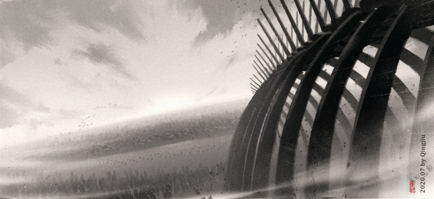 artist_name battleship bird cityscape cloud commentary_request dated day debris founding_titan giant giant_skeleton horizon island military military_vehicle monochrome monster ocean qingjiu shingeki_no_kyojin ship sky solo sunrise titan_(shingeki_no_kyojin) twilight warship watercraft