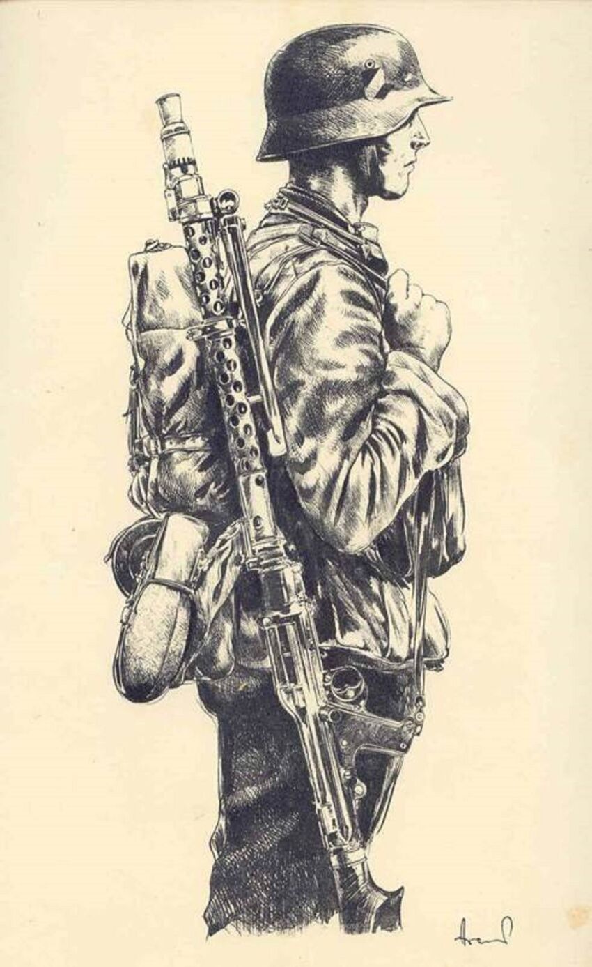 1boy absurdres artbook backpack bag barrel_shroud bipod charcoal_(medium) closed_mouth combat_helmet cowboy_shot cropped_legs facing_to_the_side from_side greyscale gun gun_sling hand_on_own_chest hatching_(texture) helmet highres josef_arens load_bearing_equipment long_sleeves machine_gun male_focus mg34 military military_uniform monochrome nose original paper_texture profile realistic scan shirt signature simple_background soldier solo stahlhelm third-party_source traditional_media weapon weapon_on_back wehrmacht world_war_ii