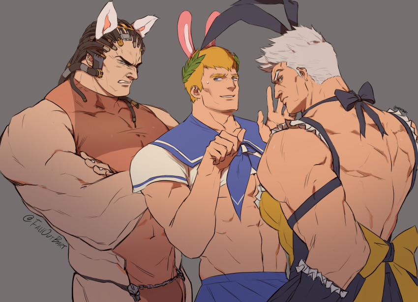 &gt;:( 3boys abs absurdres alternate_costume angry animal_ears apron aquiline_nose artist_name backless_dress backless_outfit bara black_bow blonde_hair blue_bow blue_eyes blue_sailor_collar bow boy_sandwich bulge cable cat_ears cheekbones commentary cropped_shirt crossdressing crossdressing_(mtf) crossed_arms dress english_commentary enmaided falloutbart frills from_behind from_side frown grey_background grey_eyes grey_hair highres imperial_fists iron_warriors large_pectorals laurel_crown looking_back maid maid_apron male_focus male_maid mechabare multiple_boys muscular muscular_male nervous_smile nose pectorals perturabo primarch rabbit_ears roboute_guilliman rogal_dorn sailor_collar sandwiched school_uniform scowl see-through_clothes short_hair sideburns sideways_glance simple_background skull smile sweatdrop thick_eyebrows ultramarines underpec v-shaped_eyebrows warhammer_40k waving white_hair yellow_bow