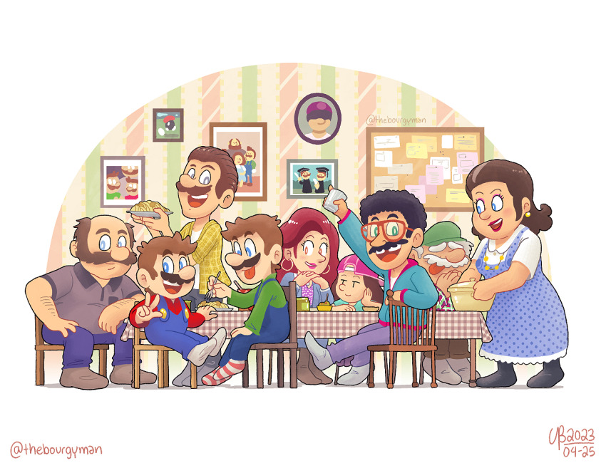 2girls 6+boys :d apron artist_name aunt_marie black_hair blue_dress blue_eyes brown_hair chair cup dated denim dinner dress earrings facial_hair family food glasses green_shirt hat holding indoors jeans jewelry lipstick long_hair long_sleeves looking_at_another luigi makeup mama_mario mario mario_(series) mother_and_son multiple_boys multiple_girls mustache nintendo open_mouth overalls pants papa_mario pasta photo_(object) red_hair shirt short_hair siblings signature sitting smile socks spaghetti striped table teeth the_super_mario_bros._movie thebourgyman uncle_arthur uncle_tony universal_studios v