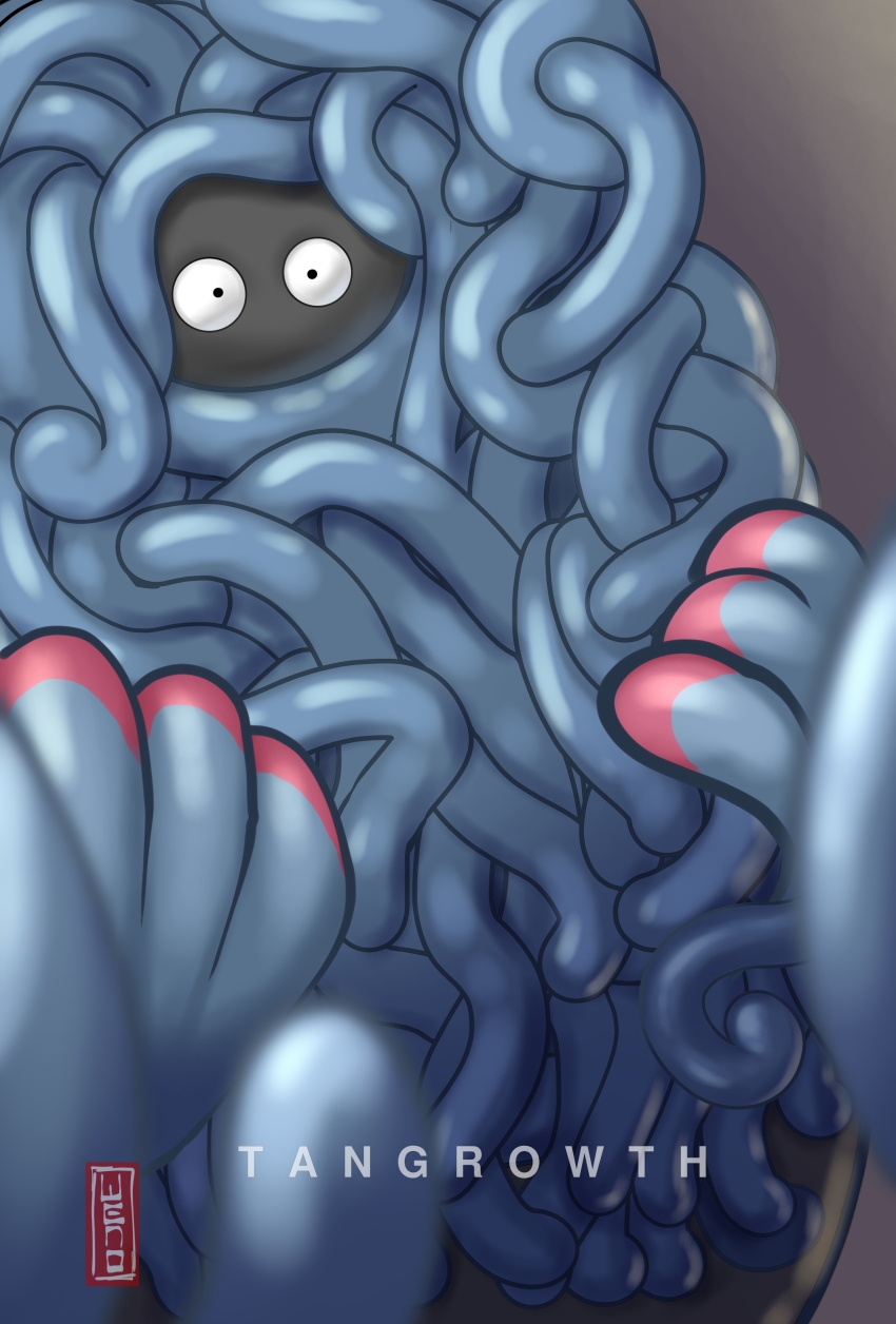 absurdres black_eyes blurry character_name creature expressionless gen_4_pokemon head_wreath highres looking_at_viewer nintendo no_humans plant plant_monster pokemon pokemon_(creature) reaching reaching_towards_viewer solo standing tangrowth tentacles vines vvasubu