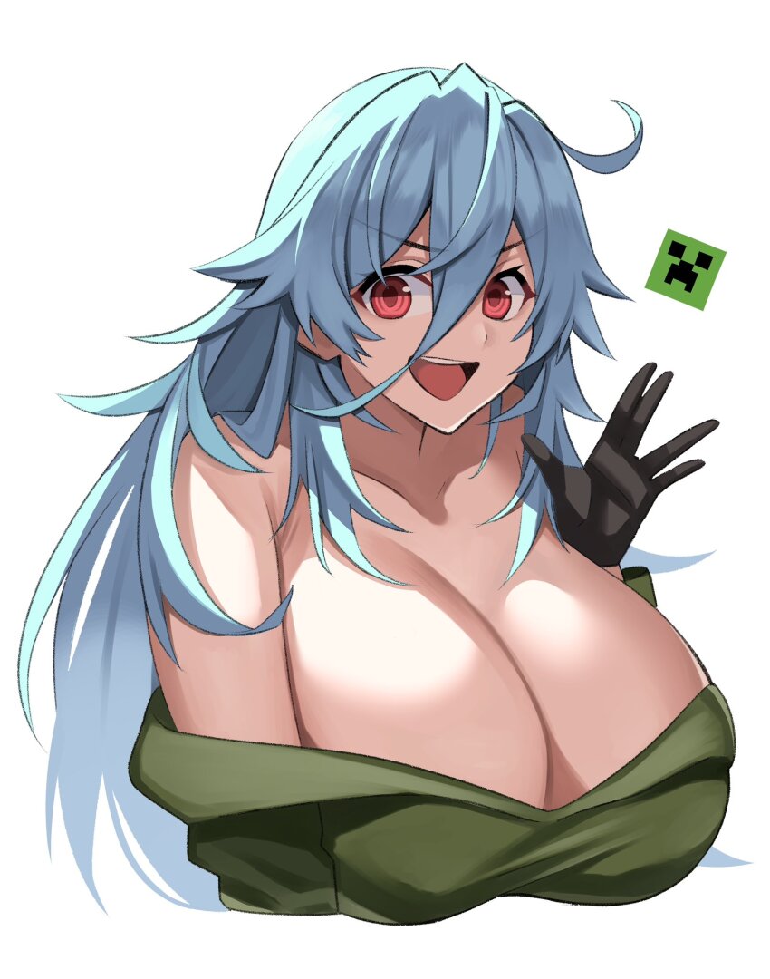 1girl :d bare_shoulders blue_hair blush breasts charged_creeper cleavage commentary_request commission creeparka creeper cupa_(at2.) electricity highres hood hoodie huge_breasts imuzi long_hair long_sleeves looking_at_viewer minecraft mob_talker open_mouth personification red_eyes simple_background skeb_commission smile solo torn_clothes torn_hoodie white_background