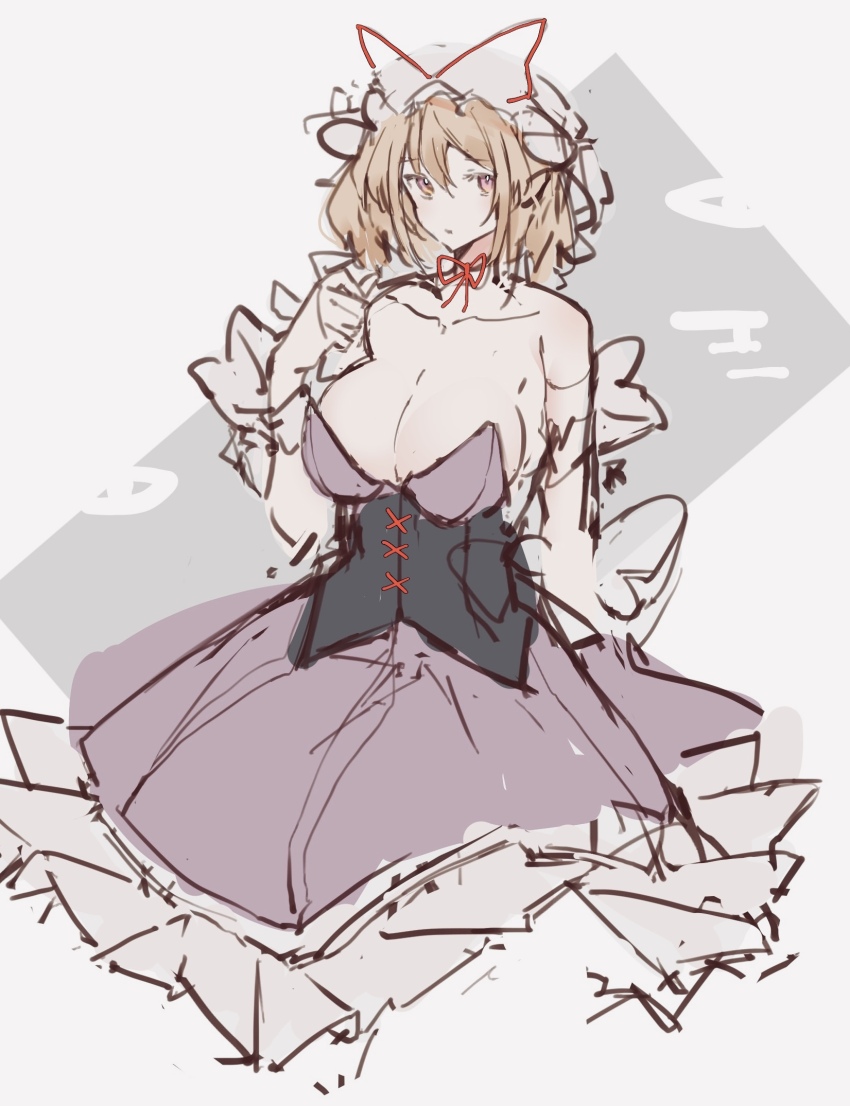 1girl bare_shoulders blonde_hair breasts cleavage closed_mouth collarbone corset dress expressionless frilled_dress frilled_hat frills hand_up hat highres large_breasts mob_cap no_bra po_(anhk5528) purple_corset purple_dress solo strapless strapless_dress touhou white_hat yakumo_yukari yellow_eyes