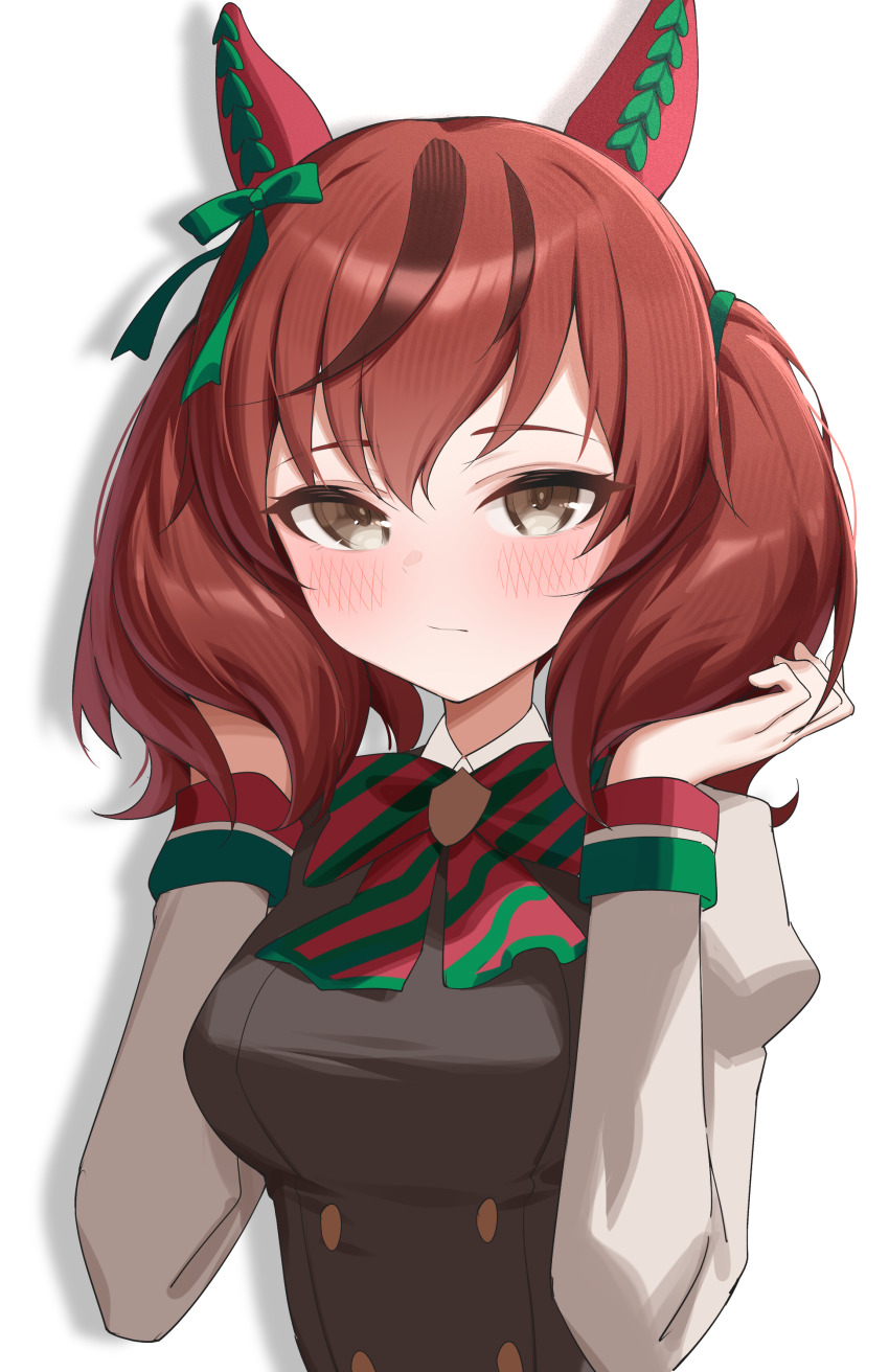 1girl absurdres animal_ears blush bow brown_eyes brown_hair brown_shirt closed_mouth commentary_request ear_covers green_bow hair_bow hands_in_own_hair highres horse_ears horse_girl jei_(user_tckk7448) long_sleeves looking_at_viewer medium_hair multicolored_hair nice_nature_(umamusume) puffy_sleeves shadow shirt simple_background solo twintails umamusume upper_body white_background