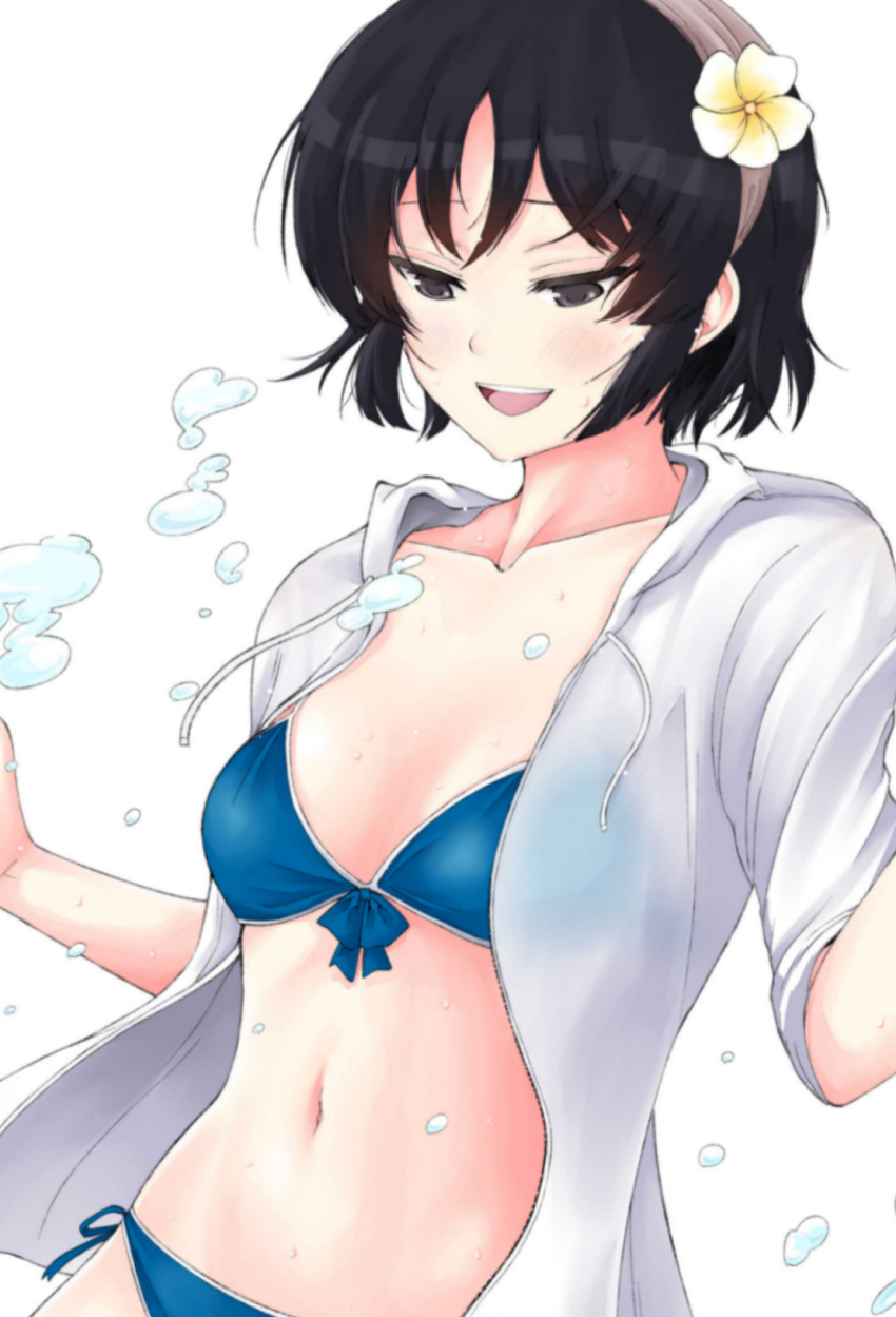 1girl bikini black_eyes black_hair blue_bikini breasts brown_hairband collarbone cover_image flower front-tie_bikini_top front-tie_top hair_flower hair_ornament hairband hashtag-only_commentary highres jacket kujou_meika looking_down meika-san_wa_oshikorosenai navel open_clothes open_jacket open_mouth saitou_shouki short_hair side-tie_bikini_bottom simple_background small_breasts smile solo stomach swimsuit swimsuit_cover-up teeth upper_body upper_teeth_only water_drop white_background white_flower