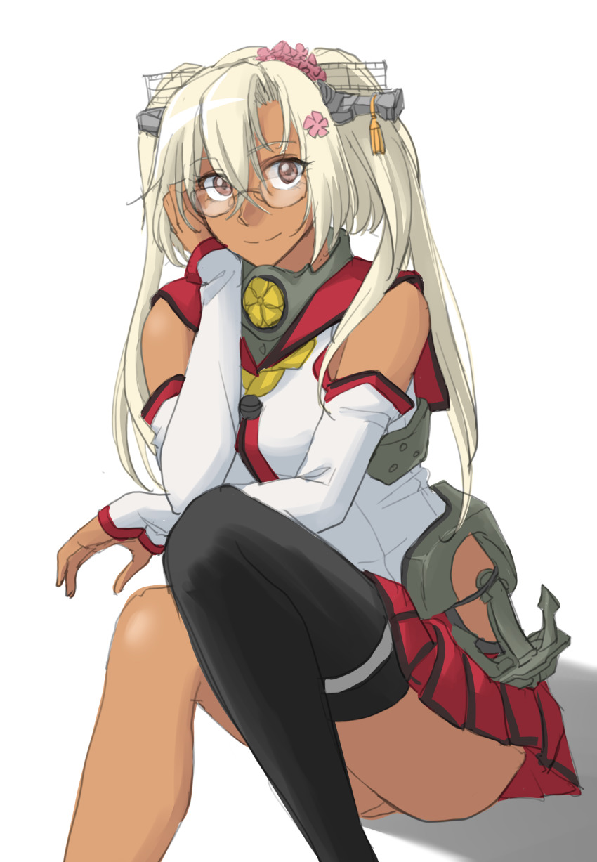 1girl absurdres anchor asymmetrical_legwear brown_eyes cherry_blossoms commentary_request cosplay dark-skinned_female dark_skin detached_sleeves feet_out_of_frame female_focus flower glasses hair_flower hair_ornament headgear highres hip_vent kantai_collection looking_at_viewer musashi_(kancolle) oil-paper_umbrella one-hour_drawing_challenge platinum_blonde_hair pleated_skirt ponytail red_skirt short_hair_with_long_locks simple_background single_thighhigh sitting skirt smile solo sozan thighhighs two_side_up umbrella uneven_legwear white_background yamato_(kancolle) yamato_(kancolle)_(cosplay)