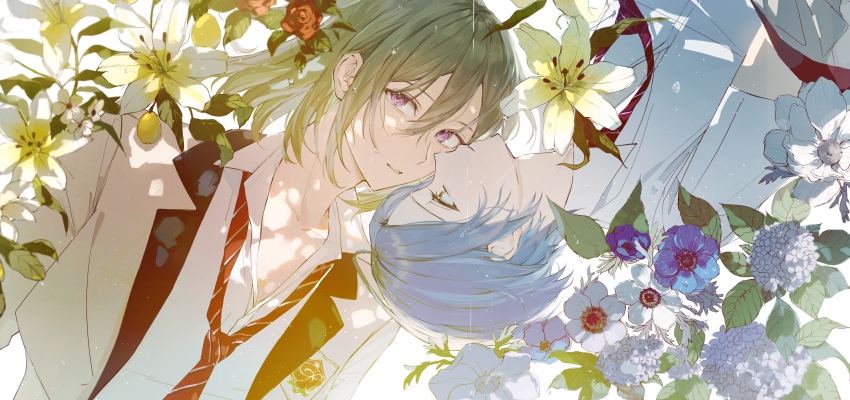 2boys absurdres blue_flower blue_hair ensemble_stars! facing_viewer flower fu_penzi_shao&#039;e green_eyes hair_between_eyes highres himeru_(ensemble_stars!) hydrangea kazehaya_tatsumi long_hair looking_at_another multiple_boys necktie official_alternate_costume parted_lips purple_eyes red_flower red_necktie upper_body water_drop white_flower yellow_eyes