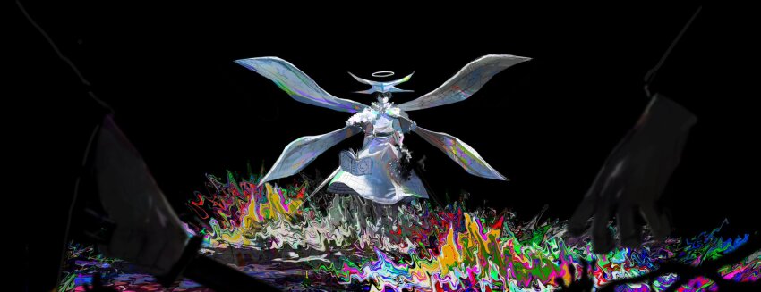1boy ^_^ black_background black_clover black_hair book capelet closed_eyes dark demon_boy fallen_angel floating floating_book floating_object fur-trimmed_capelet fur_trim grimoire halo highres holding holding_sword holding_weapon holographic_clothing horns male_focus morgen_faust multiple_horns multiple_wings nacht_faust open_book out_of_frame poonwip pov psychedelic robe smile solo_focus sword umbrakinesis weapon white_capelet white_robe wings yami_ichika