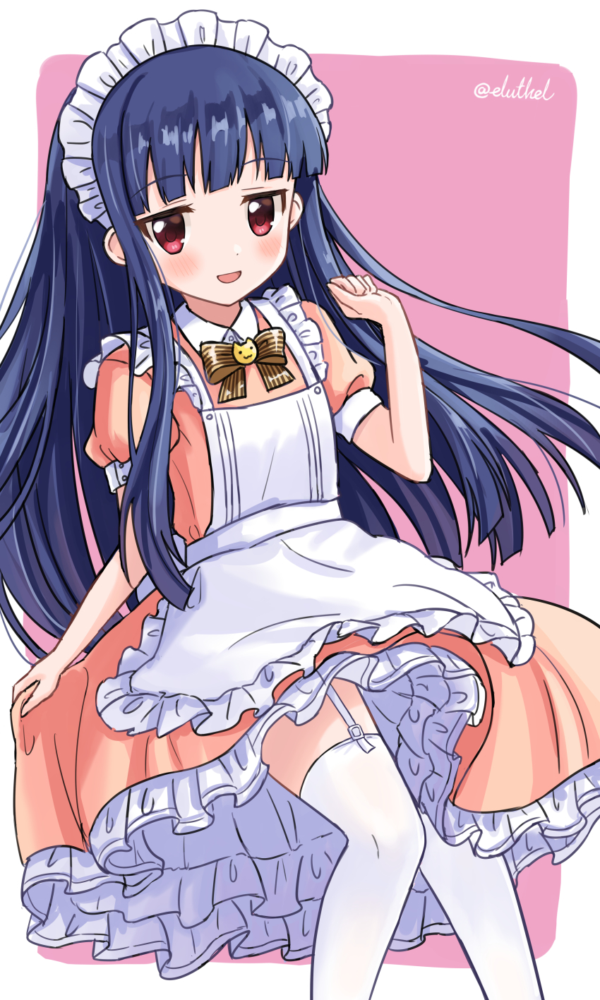 1girl absurdres apron artist_name blue_hair blush bow bowtie commentary_request dot_nose dress eluthel flat_chest frilled_dress frills garter_straps highres idolmaster idolmaster_cinderella_girls long_hair looking_at_viewer maid maid_apron maid_headdress open_mouth orange_dress pink_background puffy_short_sleeves puffy_sleeves red_eyes sajo_yukimi short_sleeves signature simple_background smile solo thighhighs white_apron white_thighhighs yellow_bow yellow_bowtie