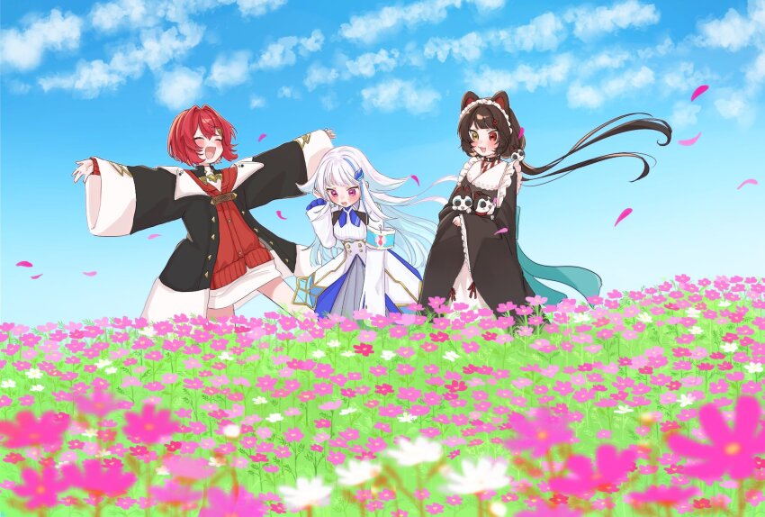 3girls 3znk :d ^_^ ange_katrina ange_katrina_(1st_costume) animal animal_ears animal_hair_ornament armband banken_(inui_toko) black_coat black_collar blue_armband blue_hair blue_neckerchief blue_sky blush breasts brown_hair brown_kimono buttons cardigan closed_eyes cloud coat collar colored_inner_hair commentary_request crossed_bangs day dog_ears double-breasted dress falling_petals field floating_hair flower flower_field frills furisode_sleeves grey_skirt hair_flower hair_intakes hair_ornament heterochromia high-waist_skirt highres holding holding_animal inui_toko inui_toko_(1st_costume) japanese_clothes kimono layered_skirt lize_helesta lize_helesta_(1st_costume) long_hair long_sleeves looking_down low_twintails maid_headdress multicolored_hair multiple_girls neckerchief nijisanji open_mouth outdoors outstretched_arms petals pink_flower pink_petals purple_eyes red_cardigan red_eyes red_hair sanbaka_(nijisanji) shirt short_dress short_hair shrug_(clothing) sidelocks skirt sky sleeves_past_wrists small_breasts smile spread_arms standing streaked_hair triangle_hair_ornament tucking_hair twintails two-tone_hair very_long_hair virtual_youtuber white_dress white_flower white_hair white_headdress white_shirt white_shrug white_skirt yellow_eyes