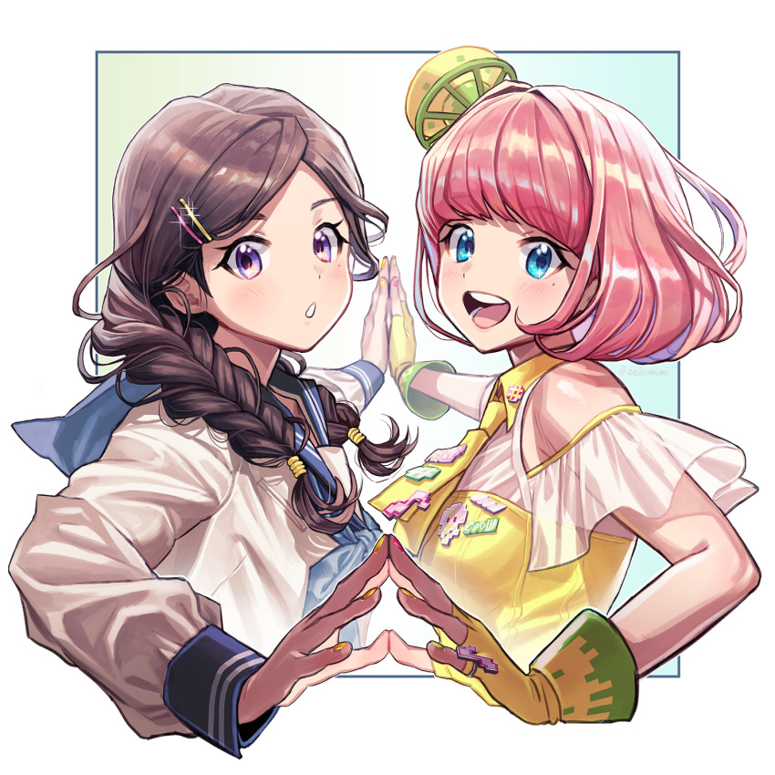 2girls animification blue_eyes blush border braid breasts brown_hair clothing_cutout collared_dress dress fingerless_gloves from_side glint gloves hair_ornament hairclip highres jewelry kamen_rider kamen_rider_ex-aid_(series) looking_at_viewer matsuda_ruka mole mole_under_eye multicolored_nails multiple_girls musical_note necktie open_mouth palms_together parted_lips pink_hair pink_nails poppi_pipopapo purple_eyes real_life ring sailor_collar shirt shoulder_cutout small_breasts steepled_fingers twin_braids white_border white_shirt yellow_dress yellow_gloves yellow_nails yellow_necktie zeikomimi