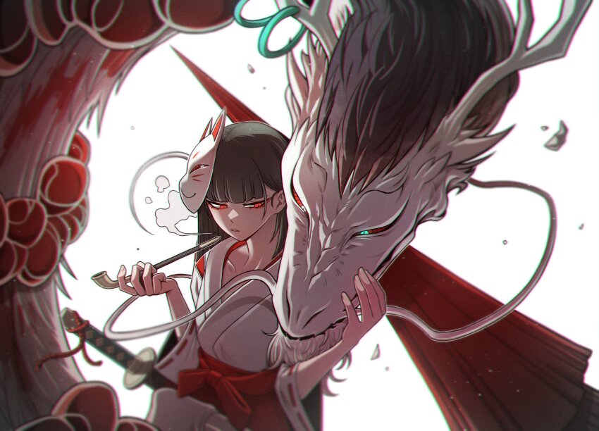 1girl alternate_hair_length alternate_hairstyle antlers aqua_eyes black_hair blood blunt_bangs blurry bow breasts collarbone debris depth_of_field dragon e.g.o_(project_moon) earrings eastern_dragon fox_mask hakama heterochromia highres holding holding_smoking_pipe hoop_earrings horn_ornament horn_ring horns impaled japanese_clothes jewelry kosode limbus_company long_hair looking_at_another mask mask_on_head medium_breasts miko misg1111 parted_lips petting project_moon red_bow red_eyes red_hakama ryoshu_(project_moon) scabbard sheath smoke smoking smoking_pipe solo sword tears_of_the_tarnished_blood_(e.g.o) very_long_hair weapon white_background white_eyes yinglong_(project_moon)