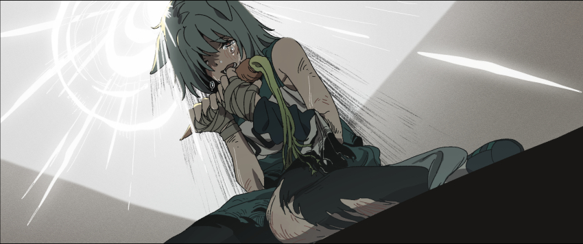 1girl backlighting bandaged_hand bandages black_leggings blue_hair blue_tank_top carrot crying cyan_(horse_race_tests) hair_over_one_eye highres horse_girl horse_race_tests leggings meka_aoratos oob_(horse_race_tests) shoes short_hair sitting sleeveless sneakers tank_top torn_clothes torn_leggings wariza