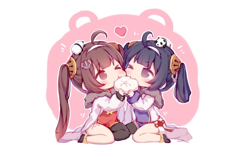 &gt;_o 2girls ahoge animal animal_on_head anklet azur_lane black_eyes black_shoes black_thighhighs brown_eyes brown_hair chibi chibi_only china_dress chinese_clothes closed_mouth commentary_request dress eating food food_in_mouth full_body hair_rings hairband hairpods jacket jewelry long_hair long_sleeves medium_hair multiple_girls ning_hai_(azur_lane) on_head one_eye_closed open_clothes open_jacket panda ping_hai_(azur_lane) purple_dress purple_hair red_dress shared_food shoes single_thighhigh steamed_bun sudango thighhighs twintails white_hairband white_jacket