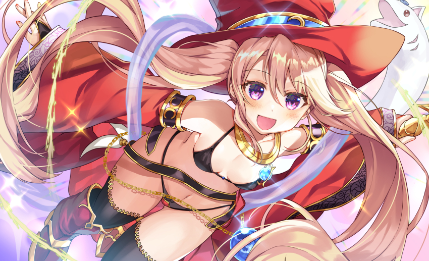 1girl :d absurdres bare_shoulders bikini black_bikini blonde_hair blush boots breasts bridal_gauntlets collarbone commentary_request commission detached_sleeves hair_between_eyes hat highres iris_mysteria! ladis_(iris_mysteria!) long_hair long_sleeves looking_at_viewer medium_breasts navel open_mouth purple_eyes red_boots red_hat skeb_commission smile solo swimsuit twintails very_long_hair yam_(yamap_mako)
