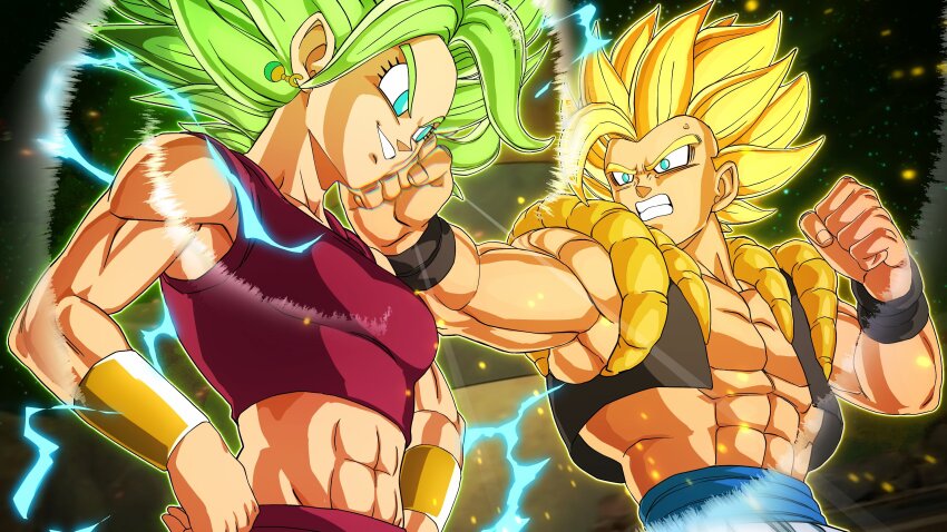 abs absurdres armlet armpit_crease black_eyeliner black_vest blonde_hair blue_eyes blue_sash blurry blurry_background bracelet clenched_hand clenched_hands clenched_teeth commentary curtained_hair depth_of_field dragon_ball dragon_ball:_sparking! dragon_ball_super earrings easterhands english_commentary eyelashes eyeliner face_punch gogeta green_aura green_hair hands_on_own_hips highres in_the_face jewelry kefla_(dragon_ball) legendary_super_saiyan looking_ahead looking_at_another looking_to_the_side makeup medium_hair metamoran_vest midriff muscular muscular_female muscular_male nose pants pectorals potara_earrings punching red_pants red_tank_top sash shockwave sleeveless smirk spiked_hair super_saiyan super_saiyan_1 sweatdrop tank_top teeth v-shaped_eyebrows vest white_pants yellow_aura yellow_vest