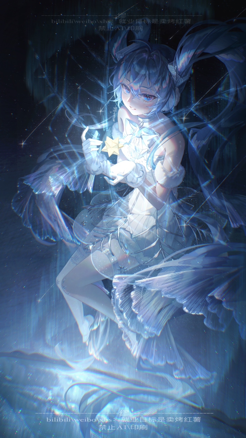1girl absurdres arm_strap bare_legs bell blue_eyes blue_hair bow bowtie dated dress floating_hair gloves gramophone_miku gramophone_miku_(frostflower) hair_between_eyes hatsune_miku highres jiuye_mubiao_shi_mai_kao_hongshu layered_dress long_hair miku_symphony_(vocaloid) neck_bell parted_lips pleated_dress short_dress sleeveless sleeveless_dress solo thigh_strap very_long_hair vocaloid watermark white_bow white_bowtie white_dress white_gloves