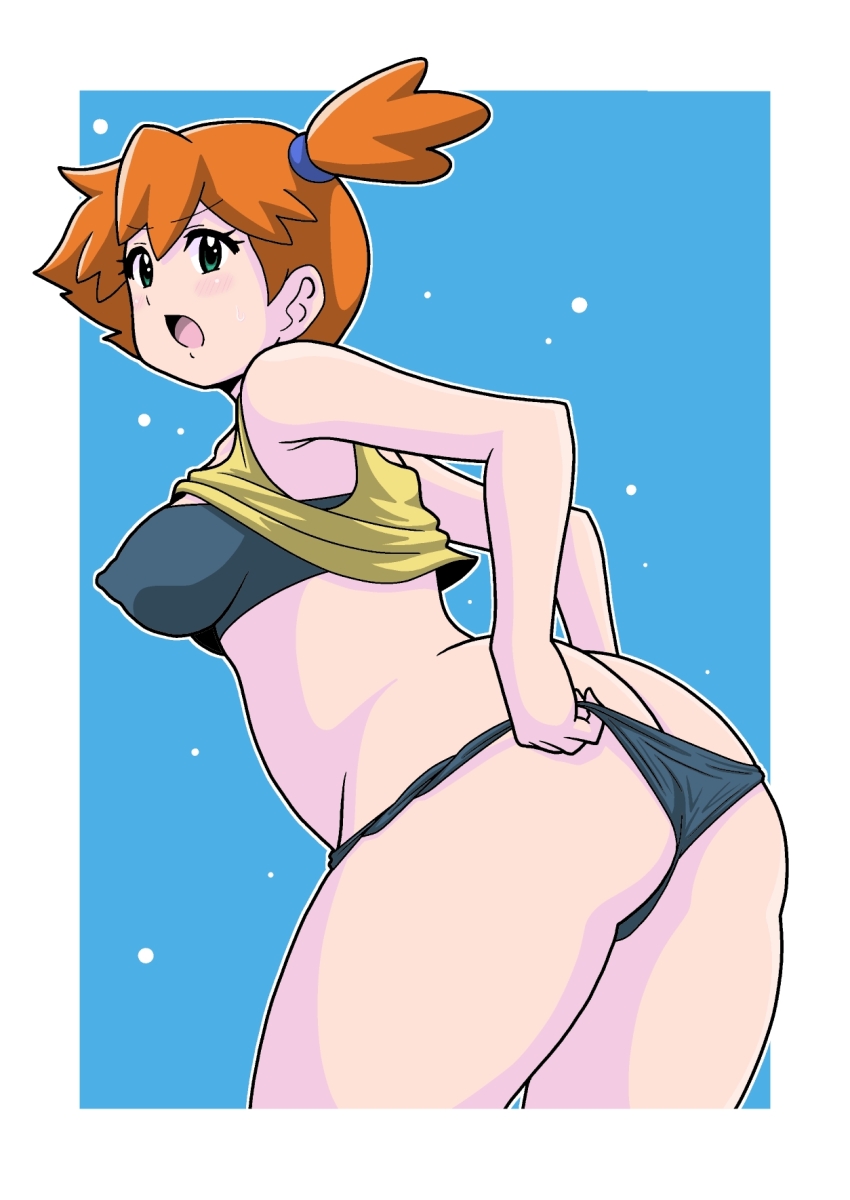 1girl arm_behind_back ass back bare_arms bare_shoulders blush breasts butt_crack female_focus gym_leader hair_tie highres huge_ass koutarosu legs medium_breasts misty_(pokemon) nintendo nipples nude open_mouth orange_hair panties pokemon pokemon_(anime) pokemon_(classic_anime) ponytail shirt simple_background sleeveless solo striped_clothes striped_panties tank_top thick_thighs thighs underwear white_background yellow_shirt yellow_tank_top