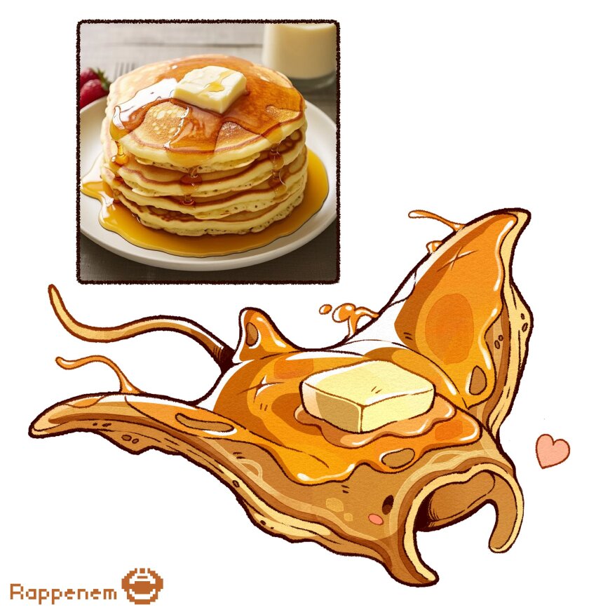 animal artist_name butter commentary food food-themed_creature food_focus heart highres manta_ray maple_syrup original pancake photo_inset rappenem simple_background symbol-only_commentary syrup white_background