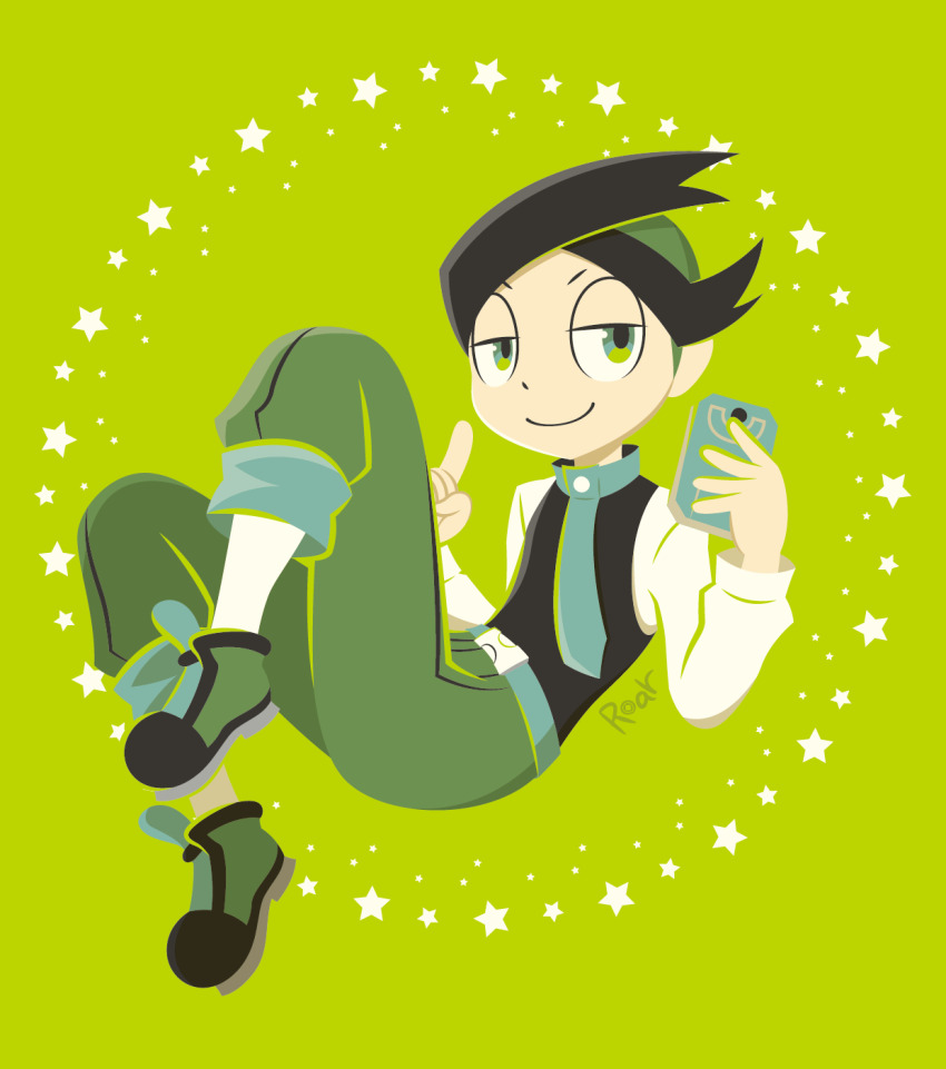 1boy cellphone green_background green_footwear green_pants half-closed_eyes highres holding holding_phone hotate_oishii index_finger_raised limited_palette male_focus necktie nintendo no_lineart pants phone pokemon pokemon_dppt pokemon_platinum shirt simple_background smartphone smile solo thorton_(pokemon) vest white_shirt