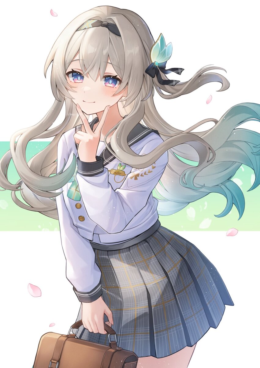 1girl bag black_hairband black_ribbon blue_pupils blush bow bowtie brown_bag closed_mouth firefly_(honkai:_star_rail) firefly_(spring_missive)_(honkai:_star_rail) gradient_eyes gradient_hair green_bow green_bowtie grey_hair grey_skirt hair_between_eyes hair_intakes hair_ornament hair_ribbon hairband handbag highres holding holding_bag honkai:_star_rail honkai_(series) long_hair long_sleeves mugita_(mokankan) multicolored_eyes multicolored_hair plaid_bow plaid_bowtie plaid_clothes pleated_skirt ribbon simple_background skirt smile solo two-tone_eyes v v_over_mouth white_background white_sleeves