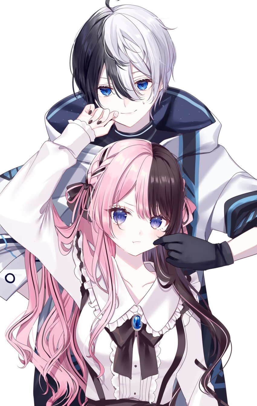 1boy 1girl black_bow black_gloves black_hair black_nails black_shirt blue_eyes blue_gemstone blunt_bangs blush bow braid center_frills cheek_pinching coat collarbone commentary frills frown gem gloves hair_between_eyes hair_ribbon hand_on_another&#039;s_cheek hand_on_another&#039;s_face highres indie_virtual_youtuber iris_black_games kamito_(vtuber) long_hair misumi_(macaroni) multicolored_hair mutual_cheek_pinching pinching pink_hair pink_ribbon pout ribbon shirt short_hair sidelocks simple_background smile split-color_hair suspenders sweatdrop swept_bangs symbol-only_commentary tachibana_hinano_(1st_costume) tachibana_hinano two-tone_hair virtual_youtuber vspo! white_background white_coat white_hair white_shirt